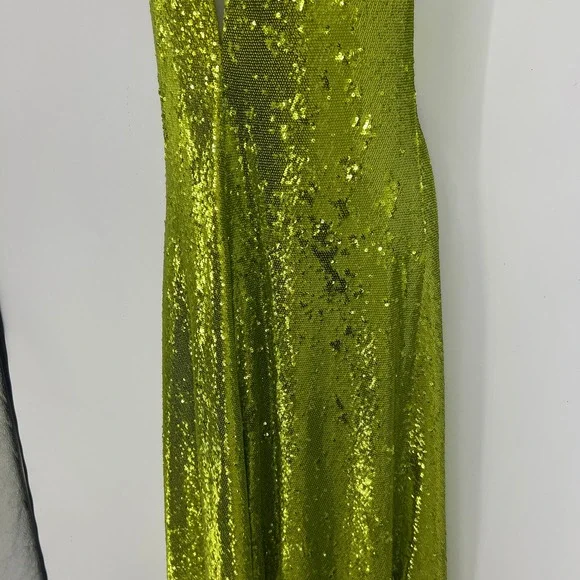 Halston Neon Kiara Green Sequin Deep V-Neck Slip Gown Floor Length Dress Size 10 - Picture 10 of 16